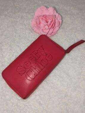 See By Chloe Leather Red Large Zip Around Long Wallet Holds Phone